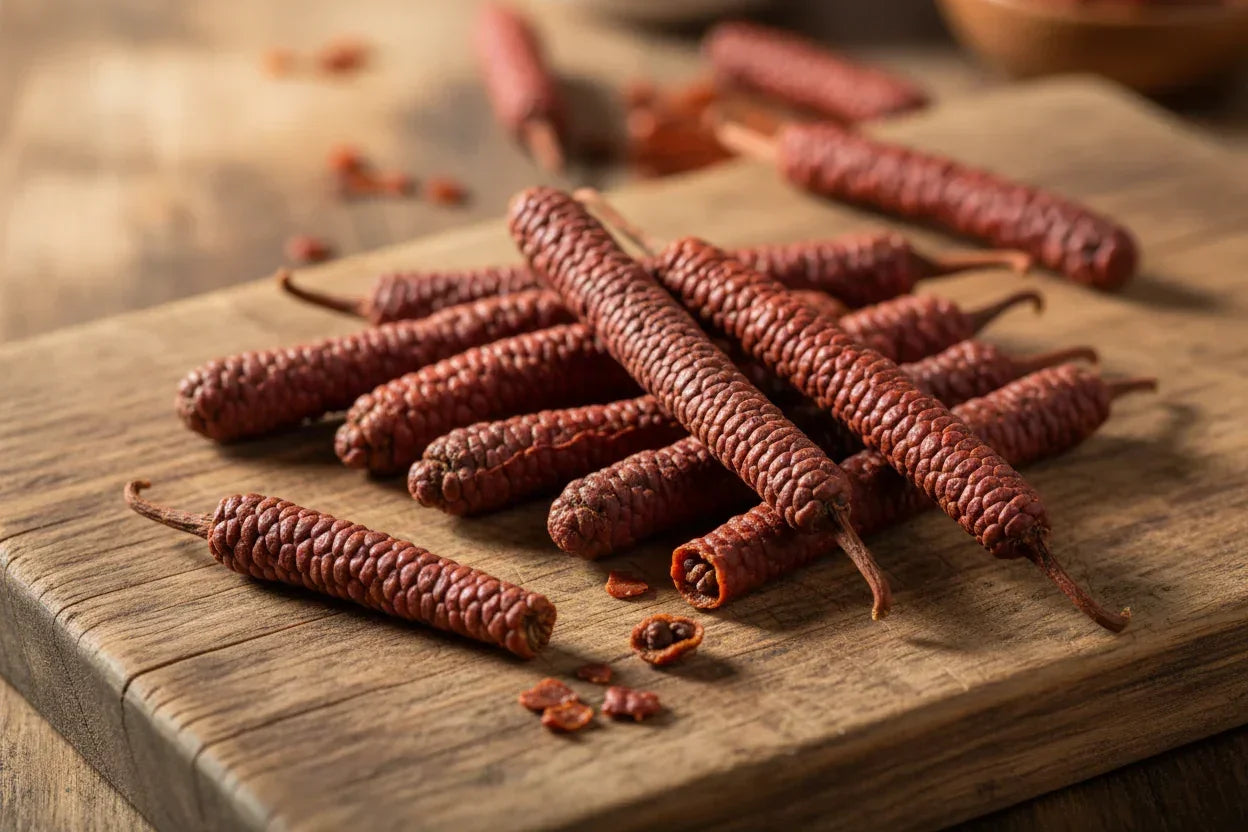 Red Long Pepper on Wood