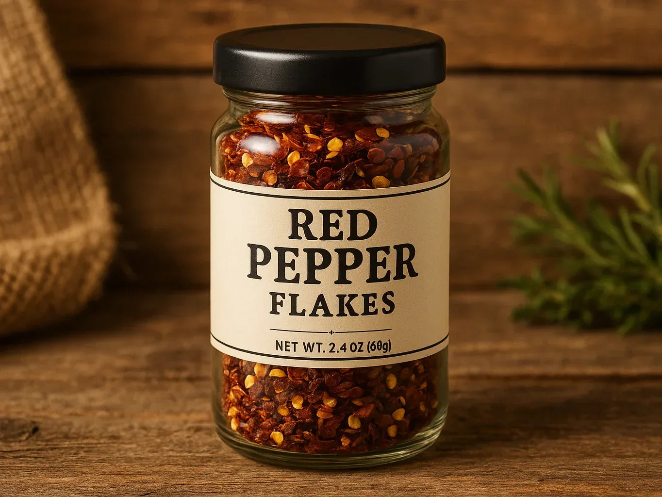 Glass jar of red pepper flakes on rustic wooden table, labeled 2.4 oz, spicy seasoning