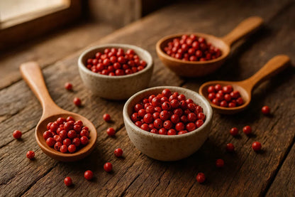 Red peppercorns in ceramic bowls and wooden spoons on rustic wooden table