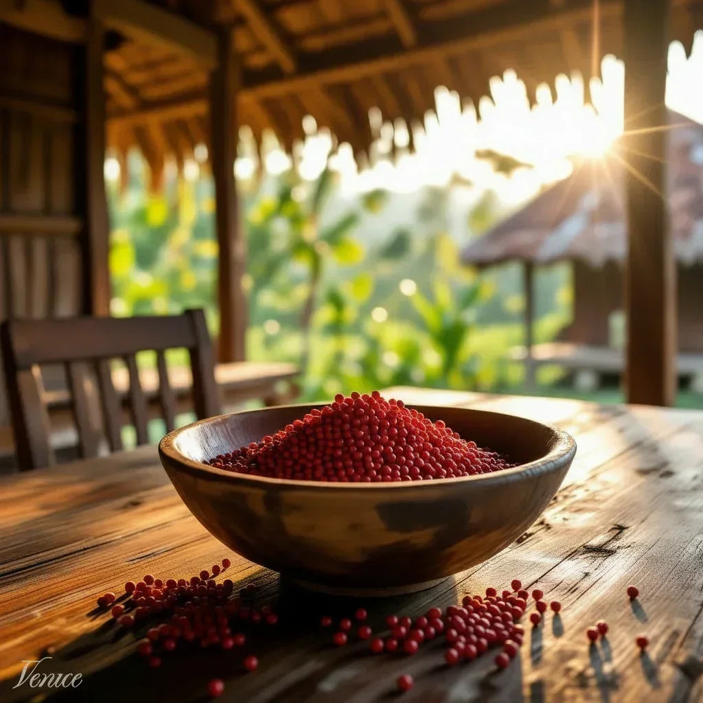 Red peppercorns in a wooden bowl on rustic table with countryside view and sunlight