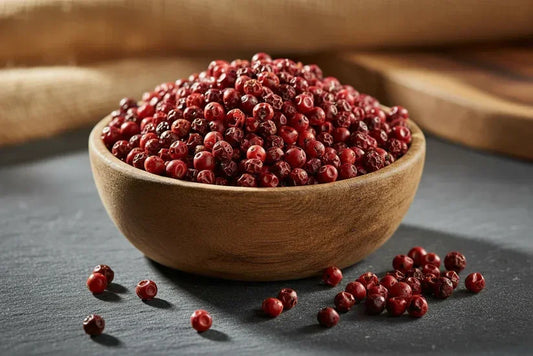 Wooden bowl filled with whole red Kampot peppercorns on a dark stone surface