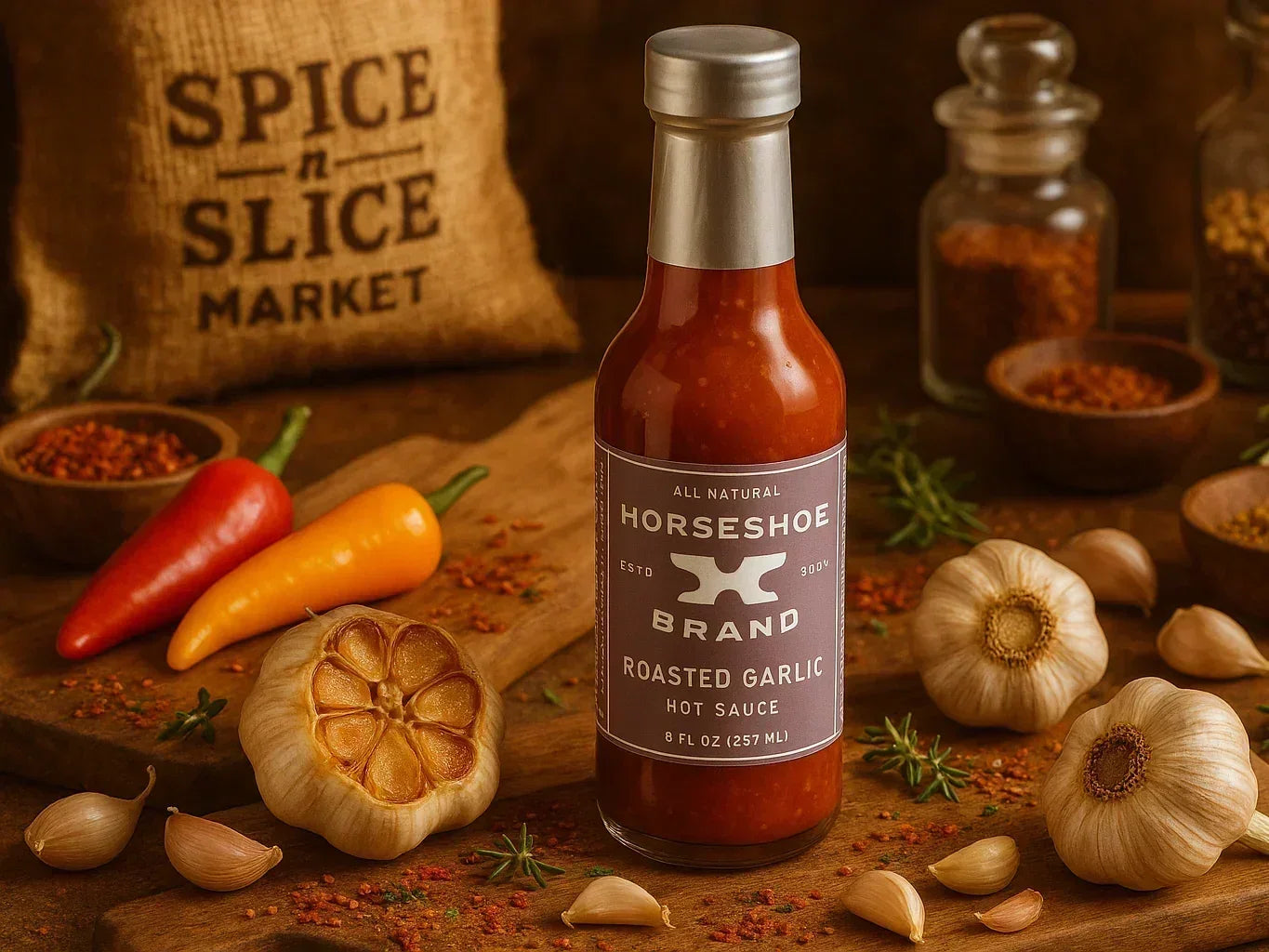 Roasted garlic hot sauce bottle with garlic, chili peppers, and spices in a rustic market setting.