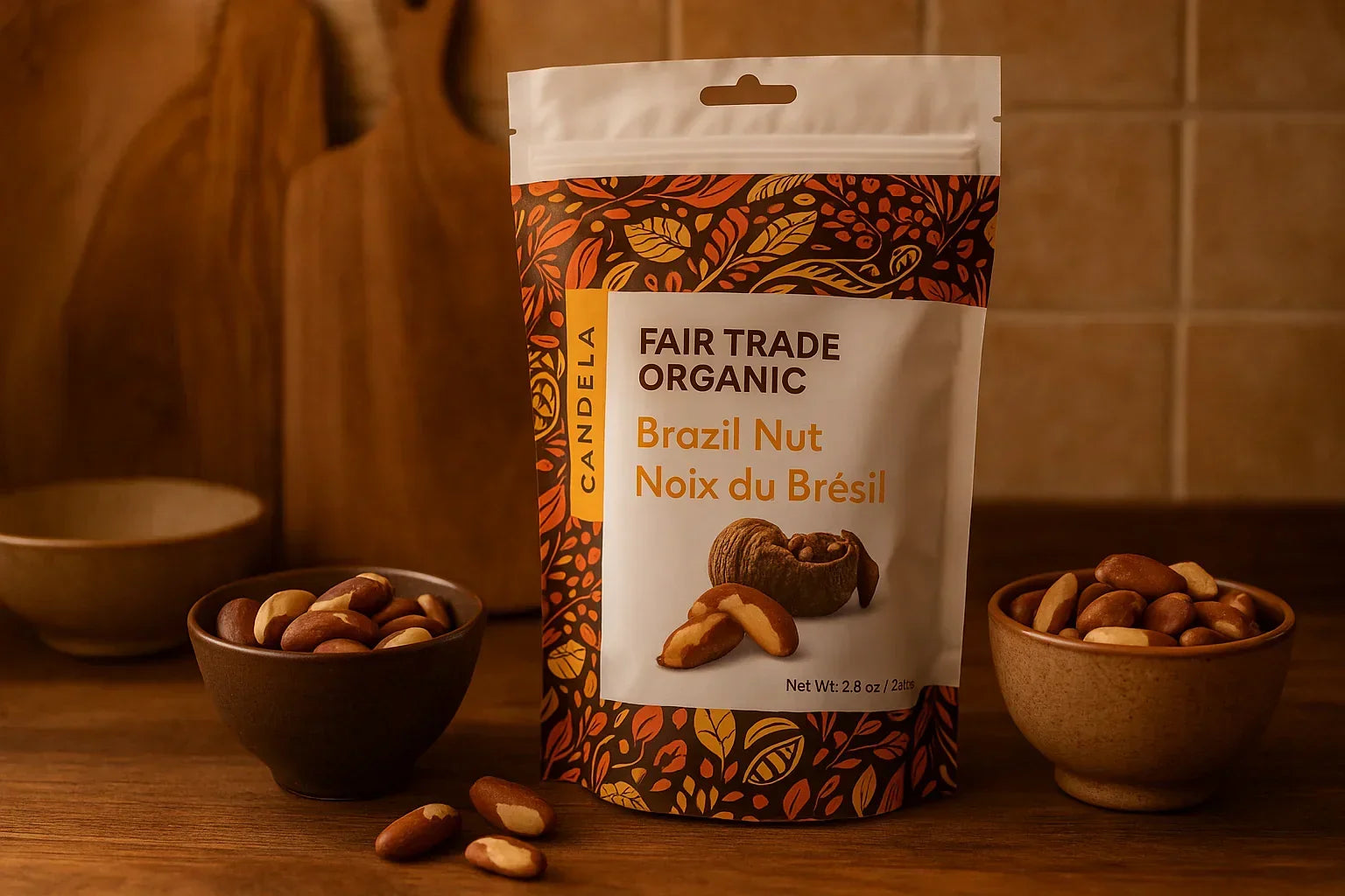 Fair trade organic Brazil nuts in decorative packaging with bowls of Brazil nuts on rustic wood