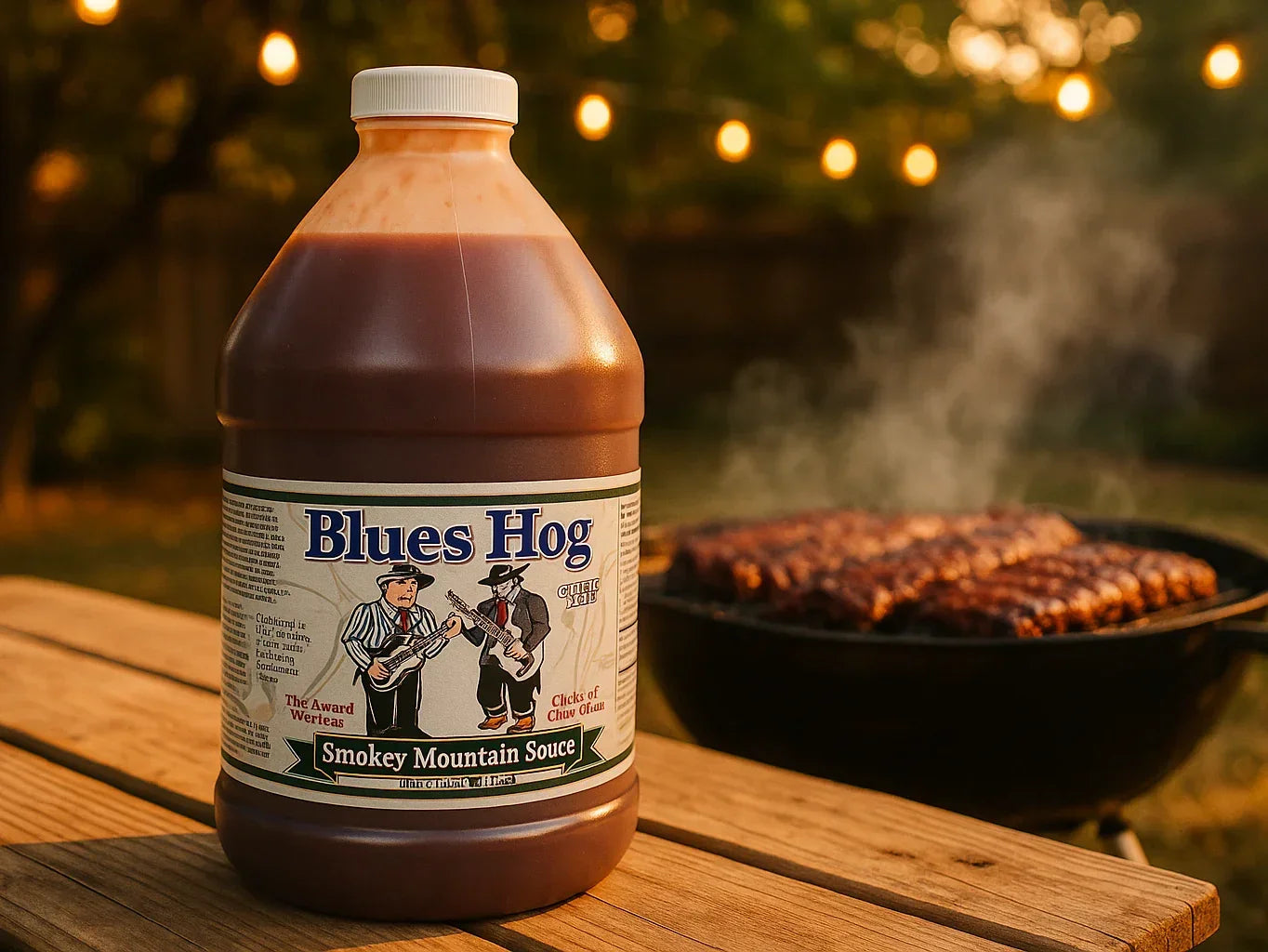 Large bottle of Blues Hog Smokey Mountain BBQ sauce on table with ribs grilling outdoors