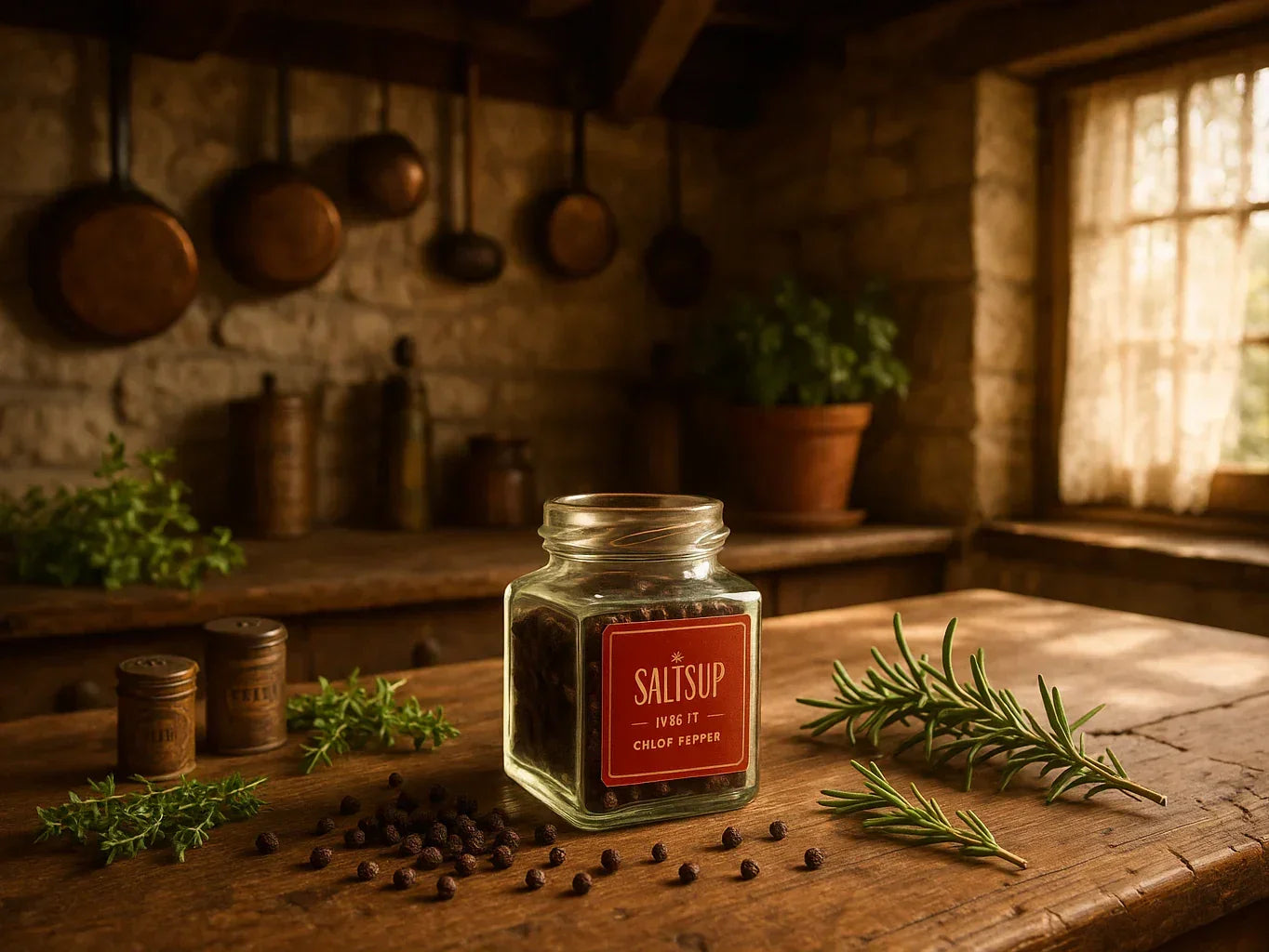Rustic farmhouse kitchen with Kampot pepper jar, herbs, and vintage copper pans