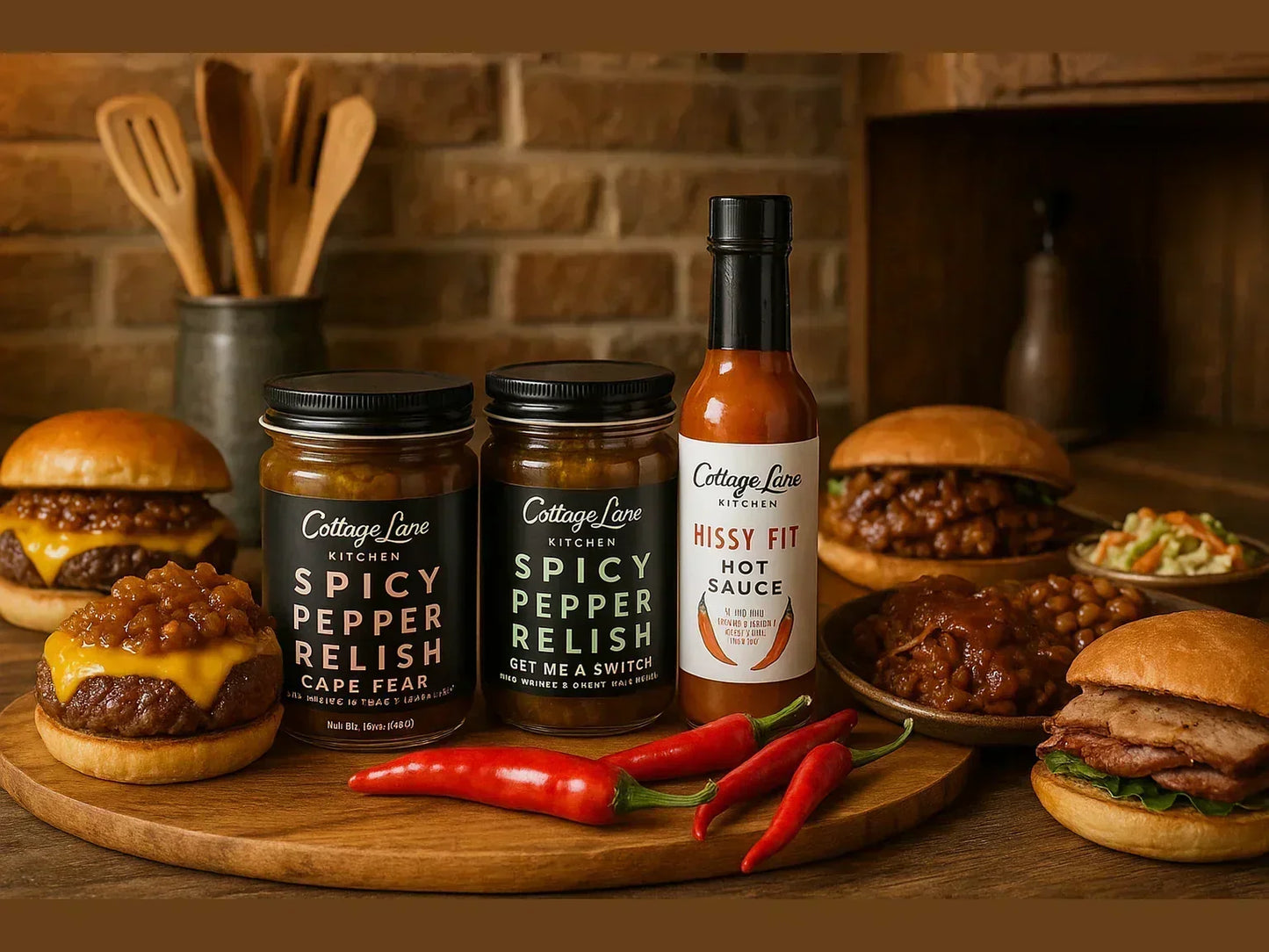 Rustic kitchen scene with spicy pepper relish, hot sauce, burgers, beans, and chili peppers