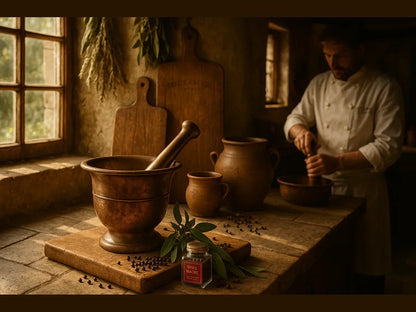 Rustic French kitchen with chef, mortar and pestle, Kampot pepper and herbs