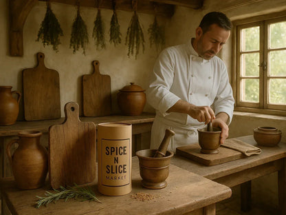 Chef using mortar and pestle in rustic French kitchen with herb bundles and wooden boards