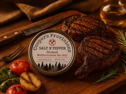 Rustic kitchen scene with grilled steak, vegetables, smoked Mediterranean sea salt tin, and herbs
