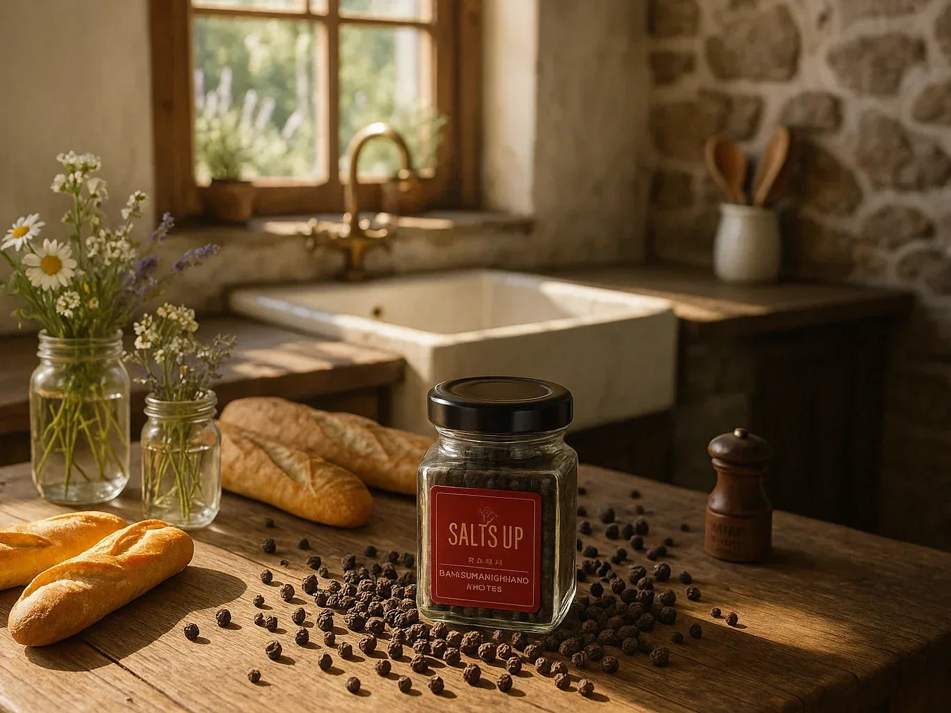 Rustic kitchen with stone walls, fresh bread, peppercorns, and a jar of gourmet pepper
