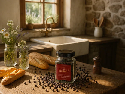 Rustic kitchen with stone walls, fresh bread, peppercorns, and a jar of gourmet pepper