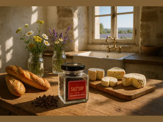 Rustic kitchen scene with bread, artisan cheeses, pepper jar, and lavender fields view