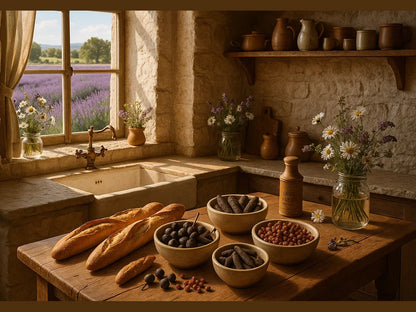 Rustic kitchen with fresh baguettes, spices, and flowers, overlooking a lavender field.