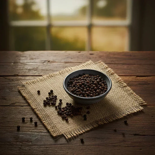 Whole black peppercorns in a rustic wooden bowl on burlap, on a wooden table