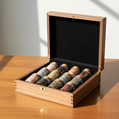 Wooden gift box with assorted gourmet salts and peppercorns in glass jars