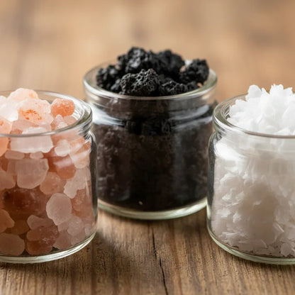 Three jars with gourmet salts: pink Himalayan, black, and white flake sea salt on wood.