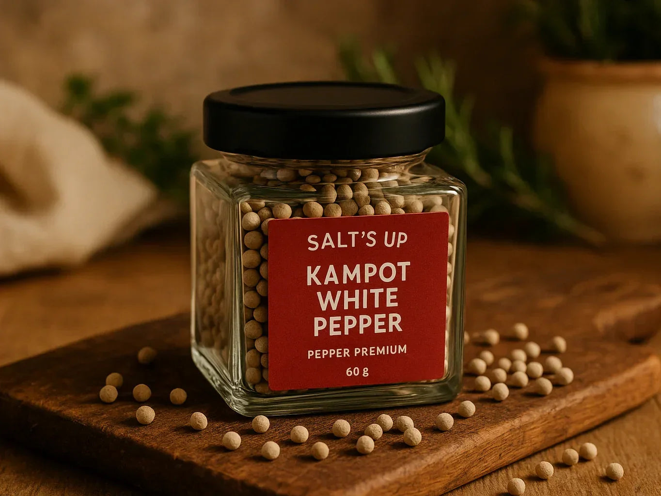 Jar of Kampot white pepper premium on wooden board with scattered peppercorns, rustic setting.