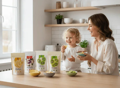 Mother and child enjoying organic dried fruit snacks in a bright kitchen with assorted fruit packages.