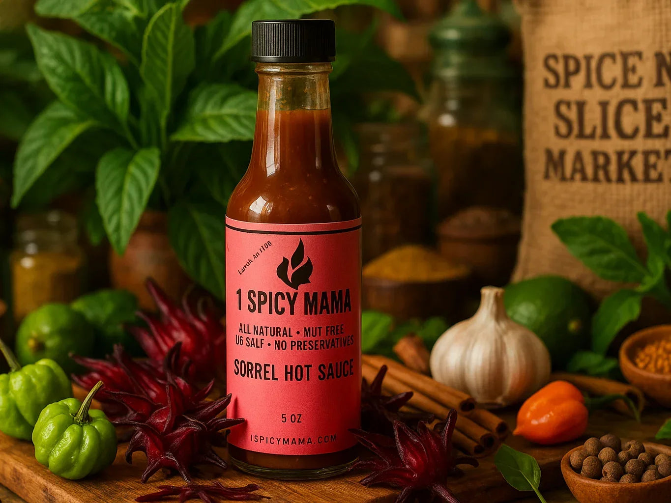 Bottle of sorrel hot sauce surrounded by fresh herbs, spices, garlic, and peppers in a market setting