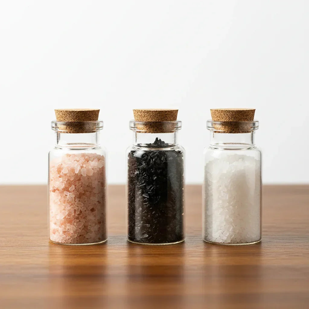 Three glass jars of gourmet spices in pink, black, and white on a wooden table