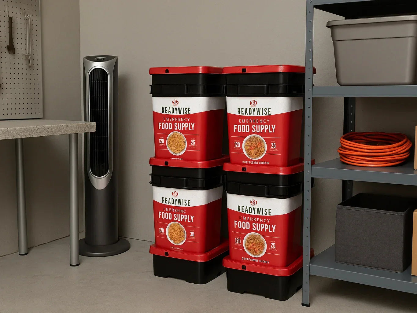 Organized storage room with emergency food supply containers and utility shelves