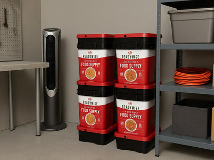 Organized storage room with emergency food supply containers and utility shelves