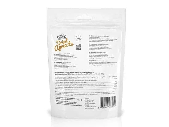 Back of a white resealable pouch labeled organic dried apricots with ingredients and barcode.