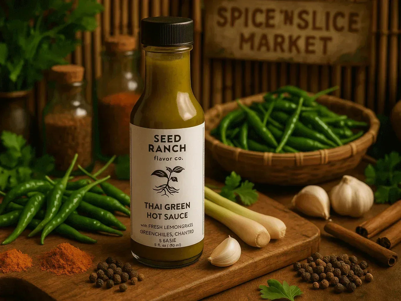 Thai green hot sauce bottle with fresh lemongrass, green chilies, garlic, and spices in market setting