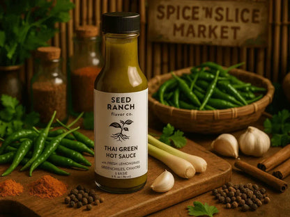 Thai green hot sauce bottle with fresh lemongrass, green chilies, garlic, and spices in market setting