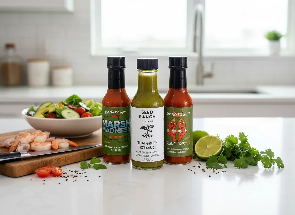 Three artisan hot sauce bottles with fresh salad, shrimp, lime, cilantro, and cherry tomatoes