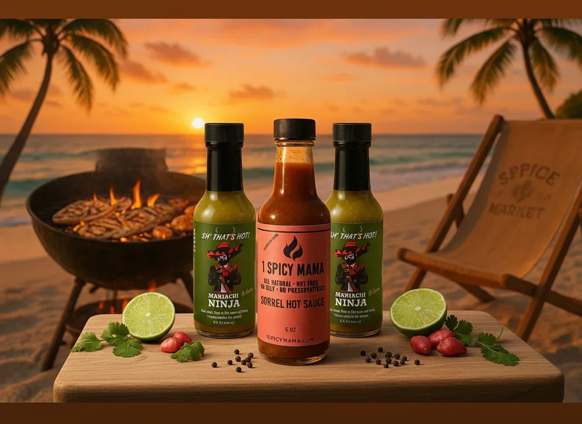 Three hot sauce bottles on wooden board with lime, pepper, and cilantro by beach BBQ at sunset