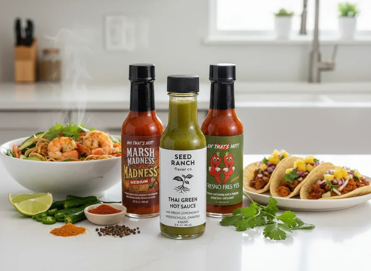 Three artisan hot sauces with a shrimp noodle bowl, tacos, limes, green chilies, and spices.