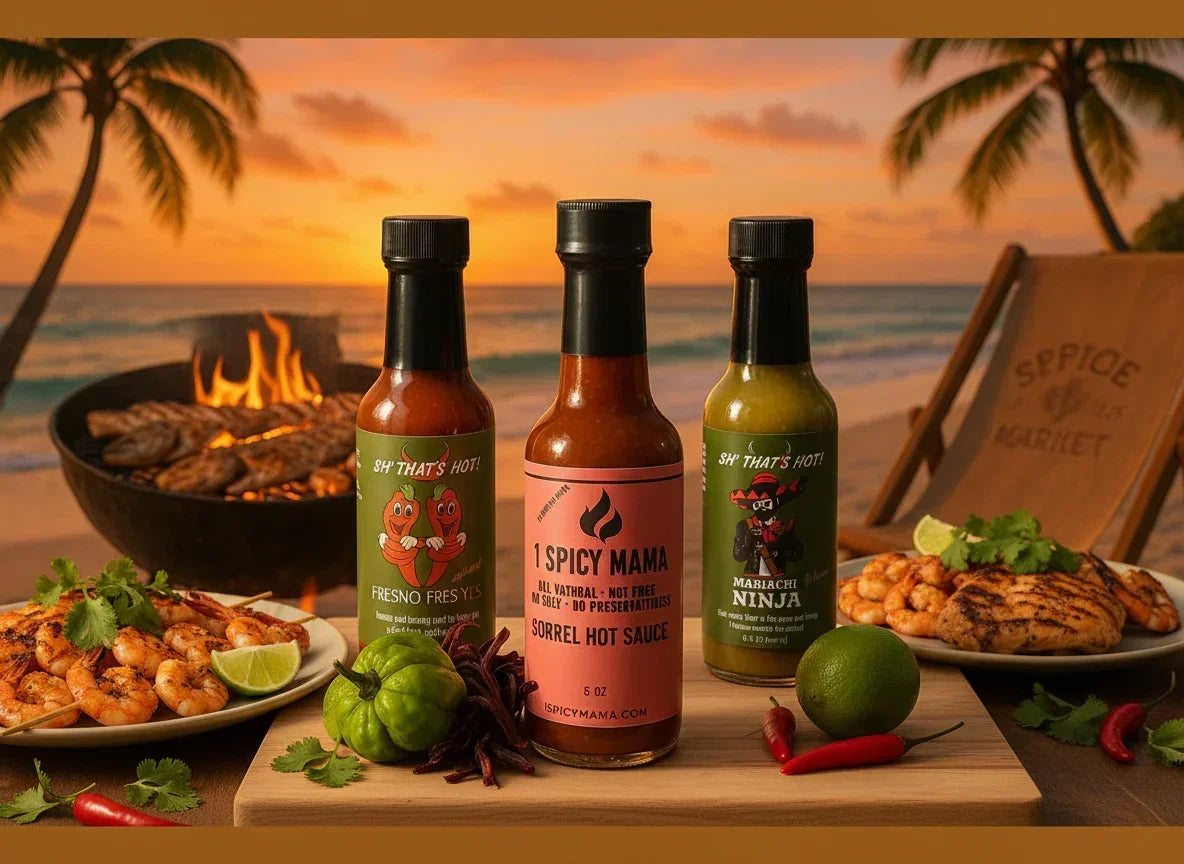 Three hot sauce bottles on wooden board with grilled shrimp, fish, lime, chilies, and fire pit on tropical beach at sunset
