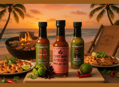 Three hot sauce bottles on wooden board with grilled shrimp, fish, lime, chilies, and fire pit on tropical beach at sunset
