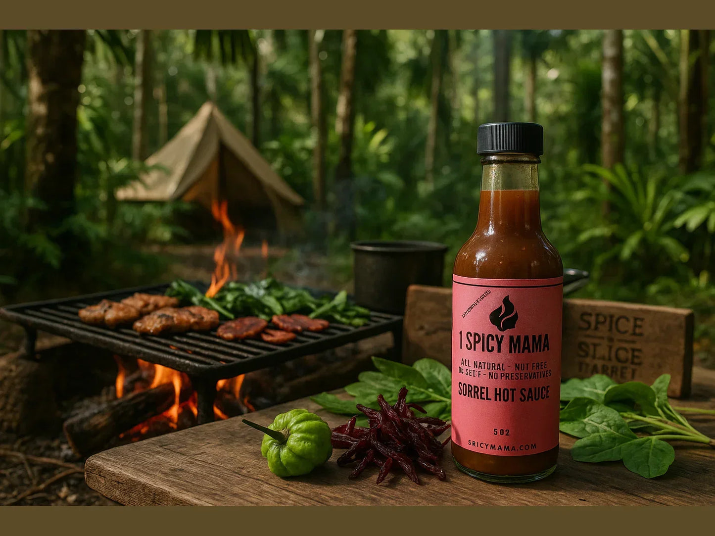 Sorrel hot sauce bottle on rustic table with fresh pepper, BBQ, and tent in tropical forest