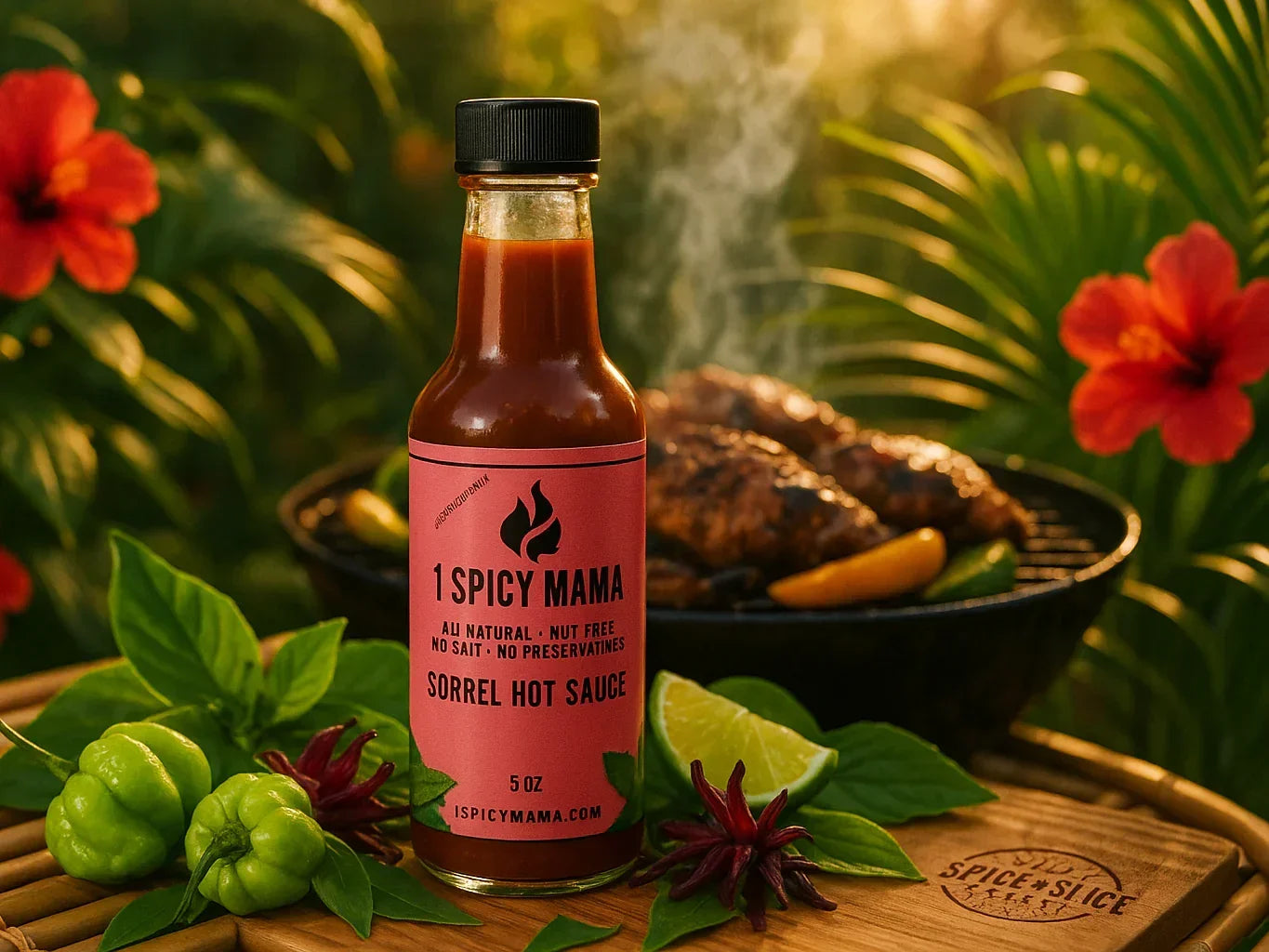 Bottle of sorrel hot sauce with fresh peppers and herbs in a tropical BBQ garden setting.