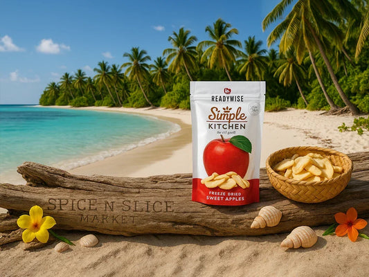 Freeze dried sweet apples by ReadyWise Simple Kitchen on tropical beach with palm trees