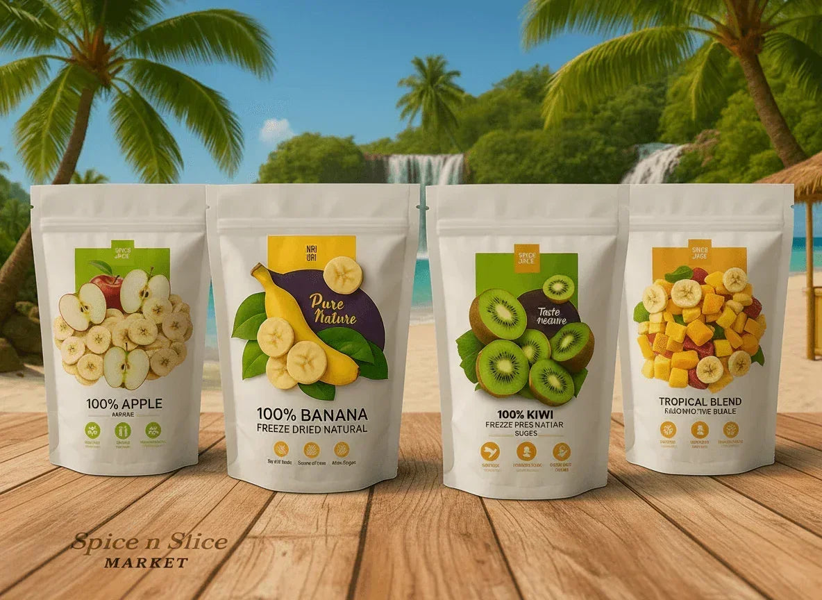 Variety of freeze-dried fruit snack packs including apple, banana, kiwi, and tropical blend on a tropical beach background.