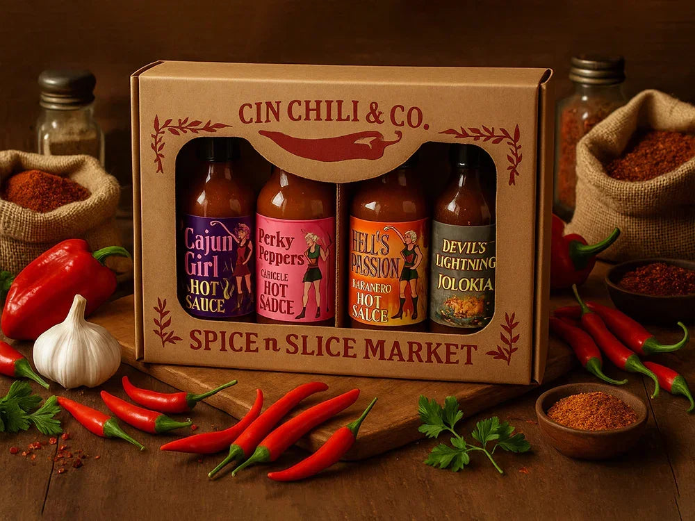 Cin Chili & Co. hot sauce gift set with four bottles, surrounded by fresh peppers, garlic, and spices