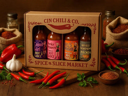 Cin Chili & Co. hot sauce gift set with four bottles, surrounded by fresh peppers, garlic, and spices