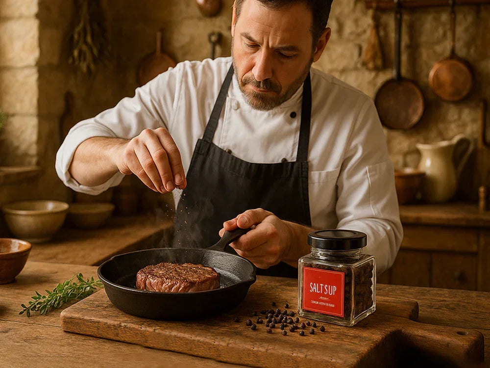 Chef seasoning steak in cast iron pan with Salt Sup gourmet pepper in rustic kitchen.