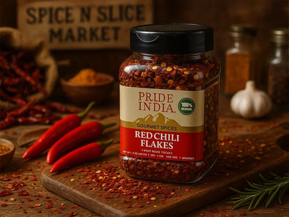 Pride of India red chili flakes jar on wooden board with fresh chili peppers and spices.