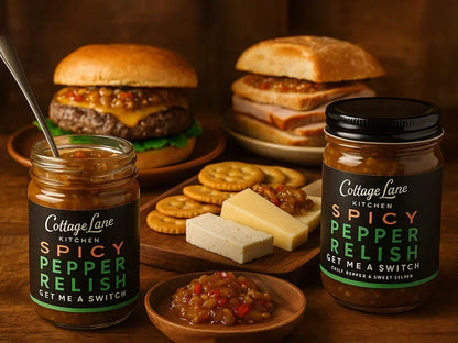 Cottage Lane Kitchen spicy pepper relish jars with burger, cheese, crackers, and sandwich.