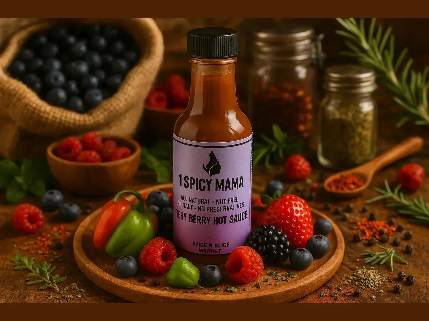 Very Berry hot sauce bottle with fresh berries, peppers, and spices in a rustic market setting