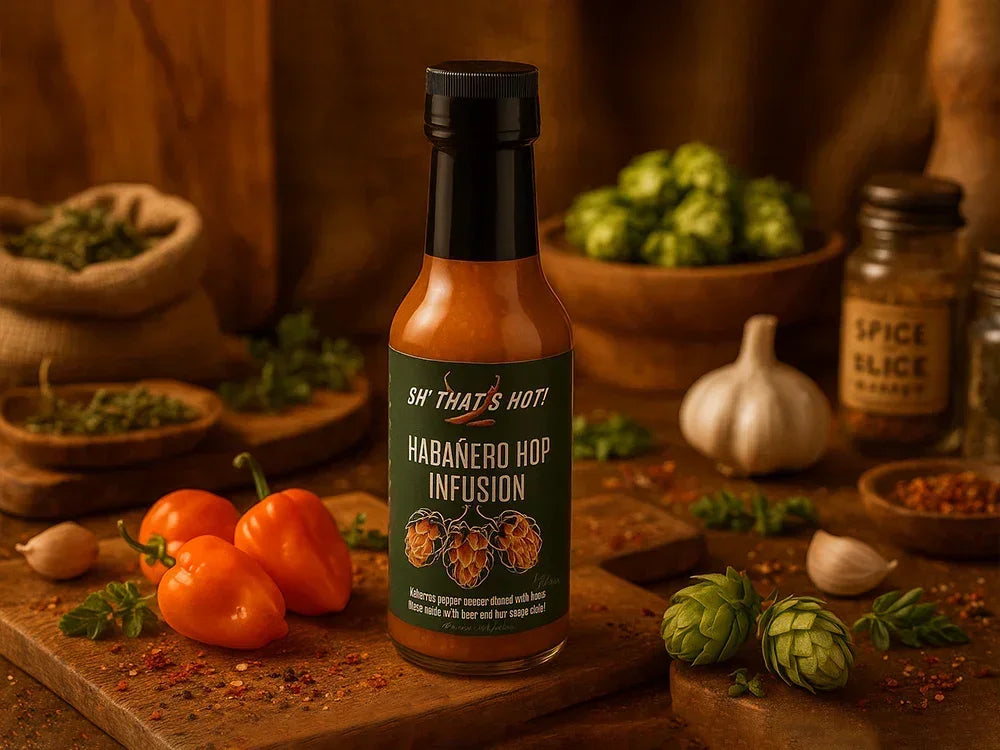 Habanero Hop Infusion hot sauce bottle with habanero peppers, hops, spices and garlic