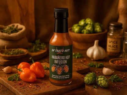 Habanero Hop Infusion hot sauce bottle with habanero peppers, hops, spices and garlic