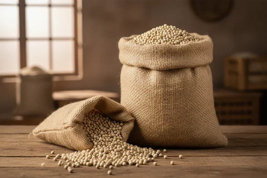 Two burlap sacks of white Kampot peppercorns on rustic wooden table