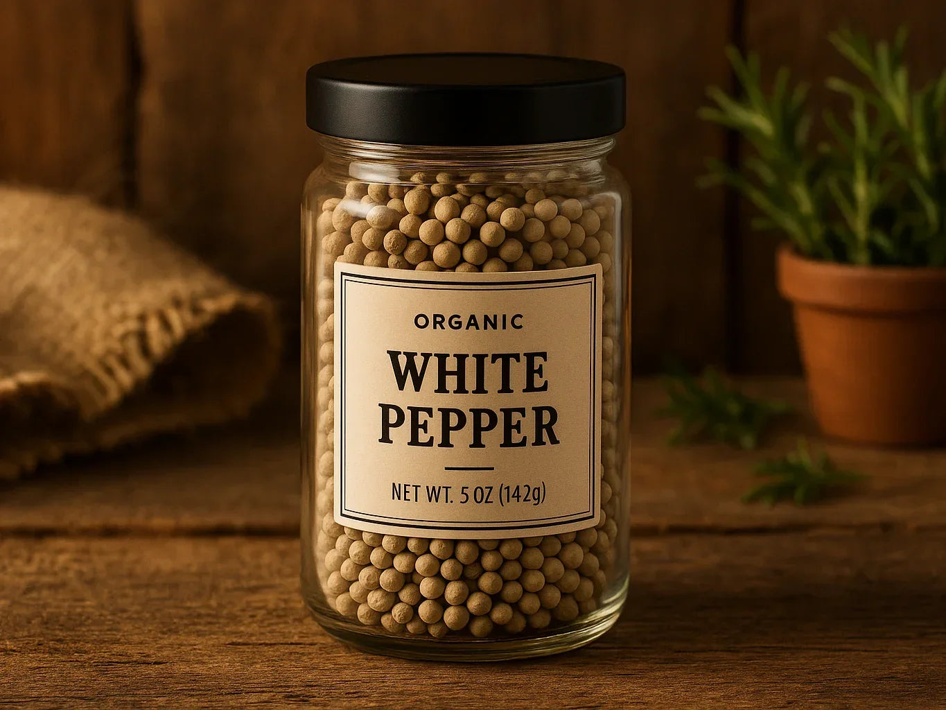 Glass jar of organic white peppercorns on rustic wooden table with herbs in background