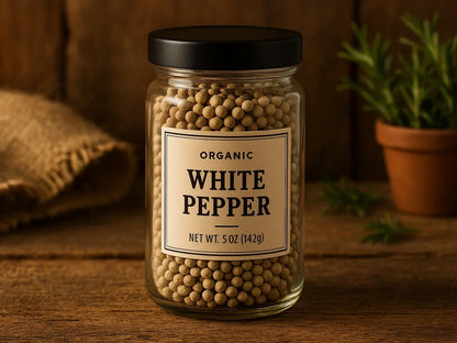 Glass jar of organic white peppercorns on rustic wooden table with herbs in background