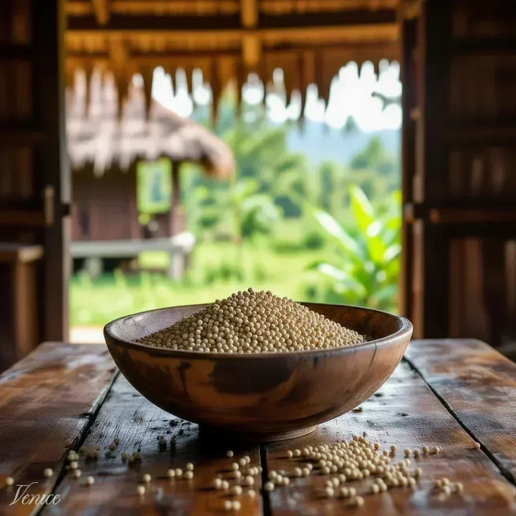 White peppercorns in a wooden bowl on rustic table with tropical greenery background